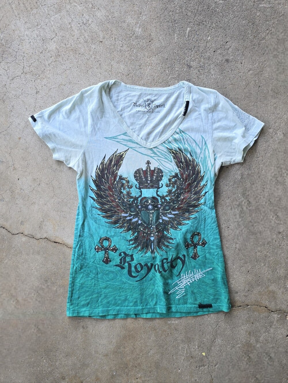 VtgY2K Rebel Spirit Women’s anhk Cyber Grunge Affliction Bling Shirt Top Large